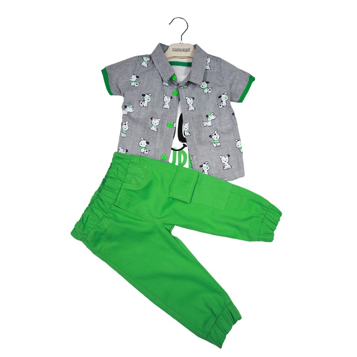 Compleu Bebelusi Baieti "Ursulet" 4 Piese Camasa Denim ,Tricou,Pantaloni Lungi Si Bretele, Verde