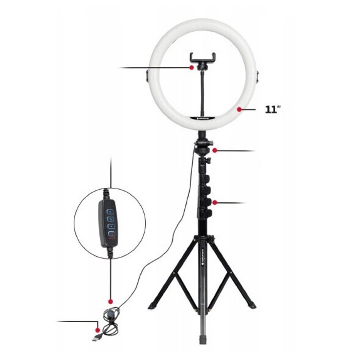 Set inel LED 10W ARL11XL, 11", 1600lm, Negru, 45-155cm