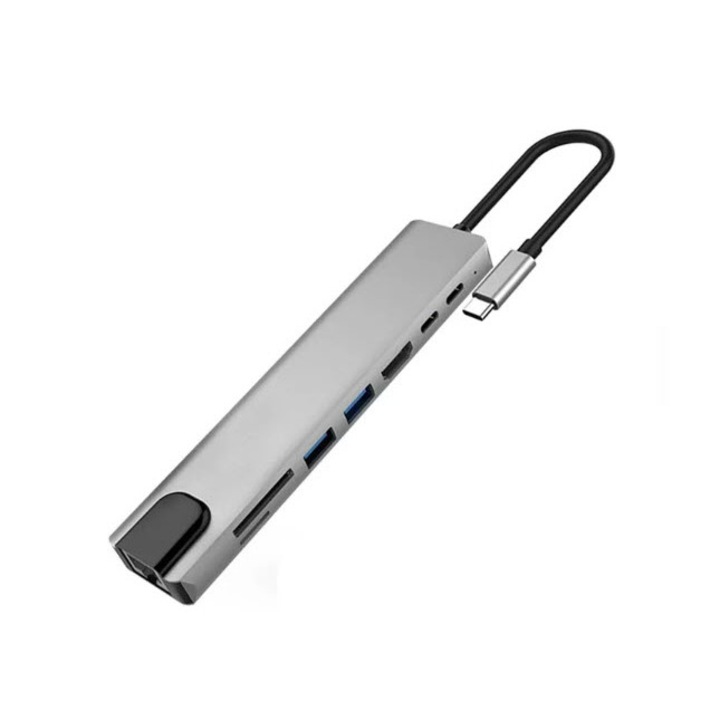 Adaptor Hub USB Type-C compatibil cu Apple Macbook, Dispozitive Windows 8in1 USB HDMI 4K HDTV PD Micro SD TF Card Slot USB 3.0 Cablu de retea