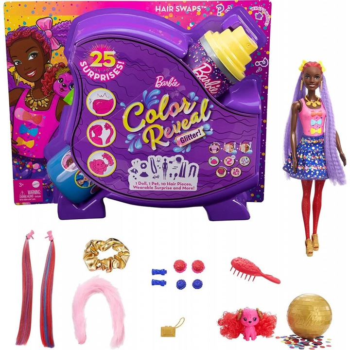 Papusa Barbie color revealGlitter Party cu 25 de accesorii surpriza