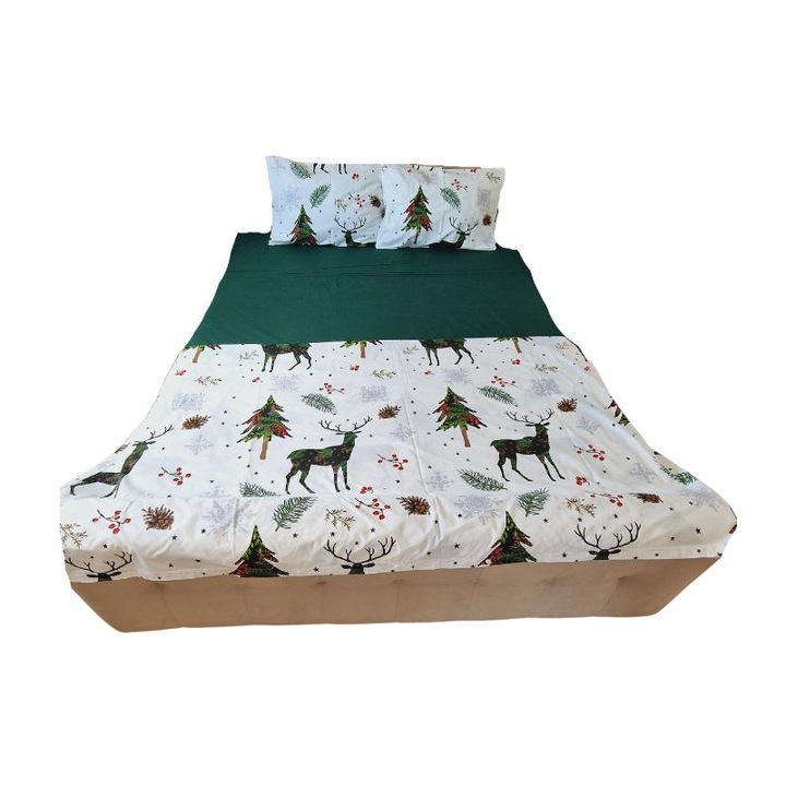 Lenjerie de pat pentru 2 persoane, 4 piese, Craciun Design by ARIALE, bumbac ranforce, Multicolor