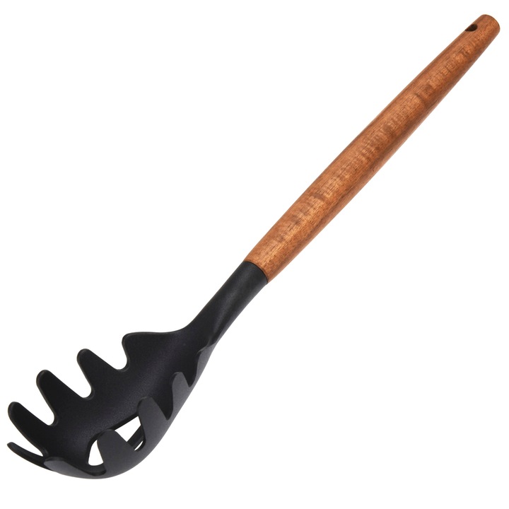 Lingura pentru spaghete, Excellent Houseware, Plastic/Lemn, 32 cm, Negru/Maro