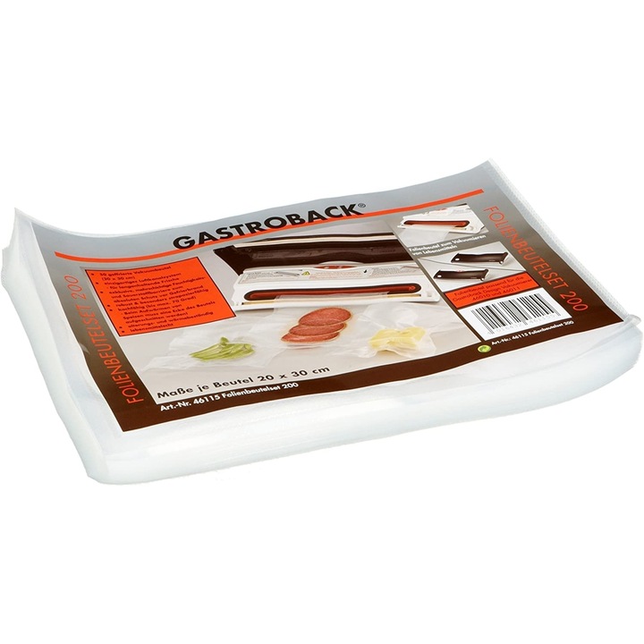 Set 50 de pungi pentru vidat universale Gastroback, 46119, 25 x 40 cm, compatibile cu orice aparat de vidat, gofrate, reutilizabile, rezistente la caldura