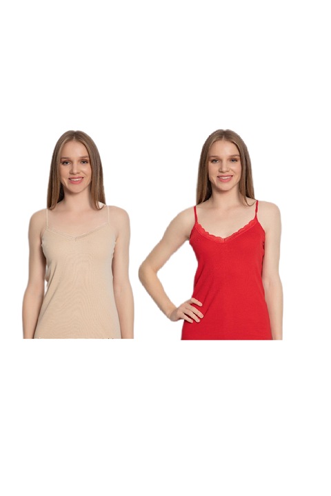 Комплект от 2 дамски горнища, памук, Червен/Бежов