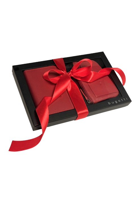 Set portofel si portchei femei cu protectie RFID, bugatti, 491319, piele naturala, rosu