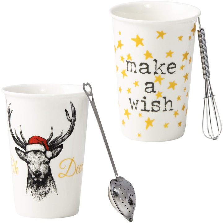 Set 2 Pahare, Portelan/Otel inoxidabil, 9.2 x 12.5 cm, 420 ml, Multicolor