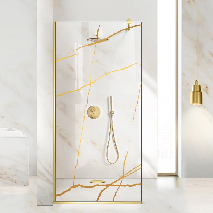 Paravan dus walk-in Aqua Class ® Gold, model Marble auriu, sticla clara, securizata, 60x195 cm