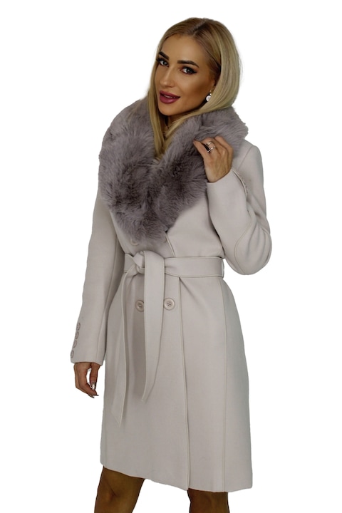 Palton din lana Exclusive, cu guler din blana si cordon in talie, Alb murdar