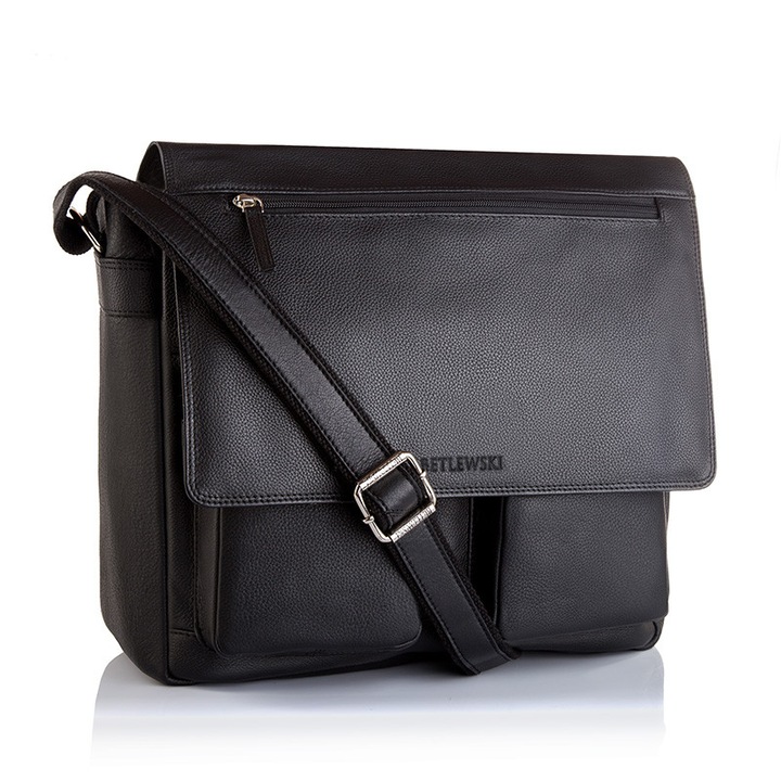 Geanta barbati Betlewski, pentru laptop, Piele naturala, 33x35x14 cm, Negru