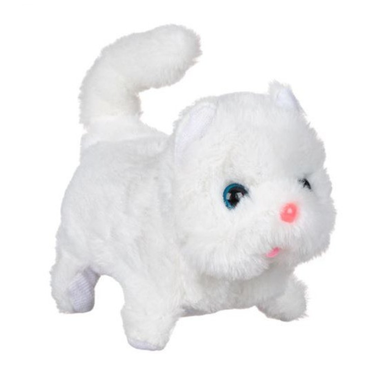 Интерактивна плюшена котка за деца, ходи, мяука, маха с опашка, бяла, 16 см