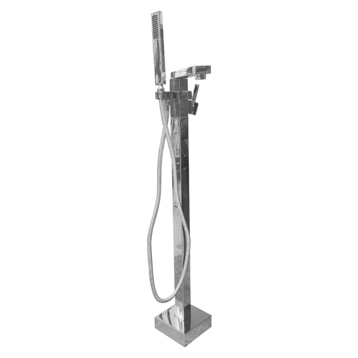 Baterie freestanding cu montaj pe pardoseala, cadru patrat, crom