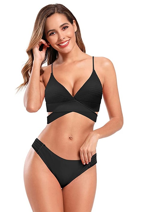 Costum de baie SHEKINI din 2 piese pentru femei, cu decolteu în V încrucișat, Negru