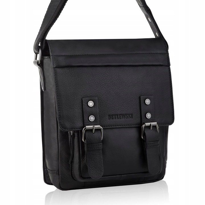 Geanta barbati Betlewski, Piele naturala, 25x11x26 cm, Negru