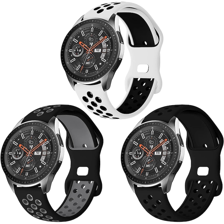 Set 3 Curele sport din silicon 22mm compatibile cu Samsung Gear S3 / Watch 46 / Huawei Watch GT 2 46mm / GT 2 Pro, Alb, gri, negru