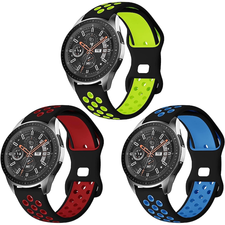 Set 3 Curele sport din silicon 22mm compatibile cu Samsung Gear S3 / Watch 46 / Huawei Watch GT 2 46mm / GT 2 Pro, Verde, Rosu, Albastru