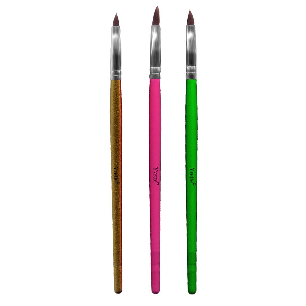 Set 3 Pensule Acryl Unghii, Tehnica Acril, Nr. 2, 4, 6, Brand E-Unghii, Model Pensula Clasica Acril, Culoare Multicolor (Auriu, Fuchsia, Verde)