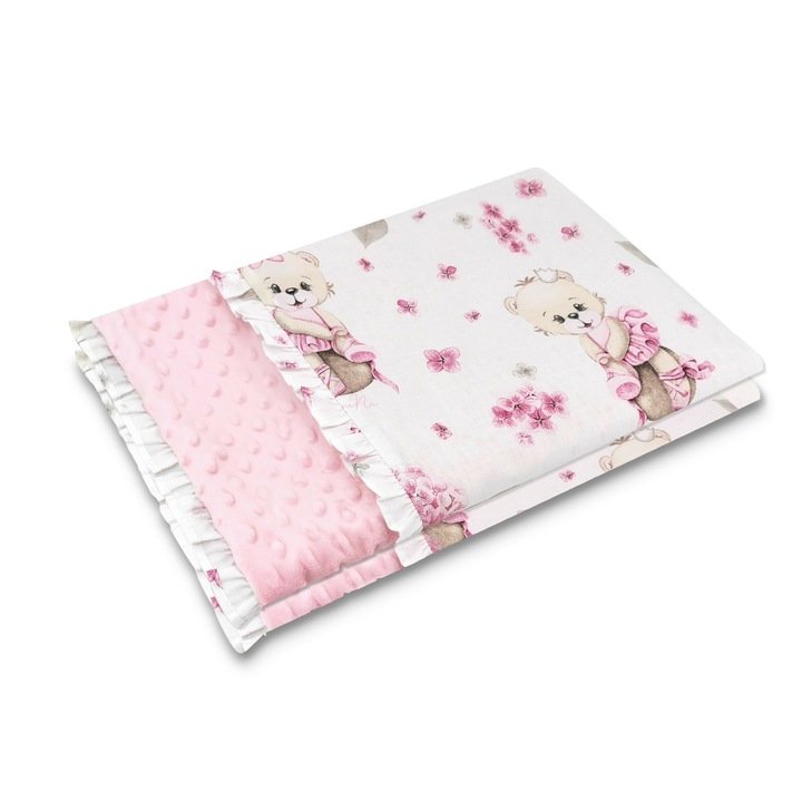 Одеяло MimiNu, Пухкав с две страни, С волани, Размер 75x100 см, Изработено от плат минки и памук, Дизайн, Розова балерина