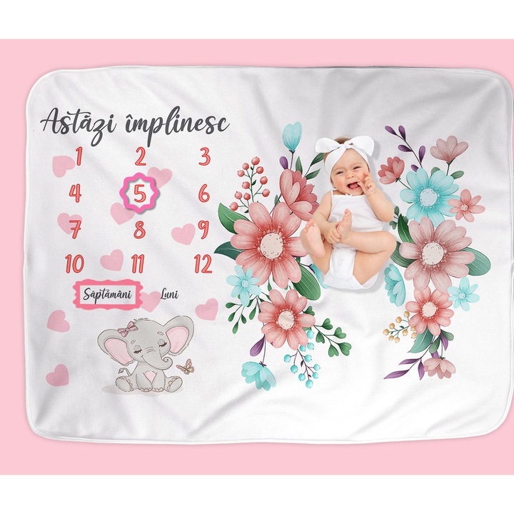Paturica Aniversara Milestone, Personalizata cu nume fetita, 100x150cm, Cadou mamica, Cadou bebelusi, Coronita flori, Elefantel