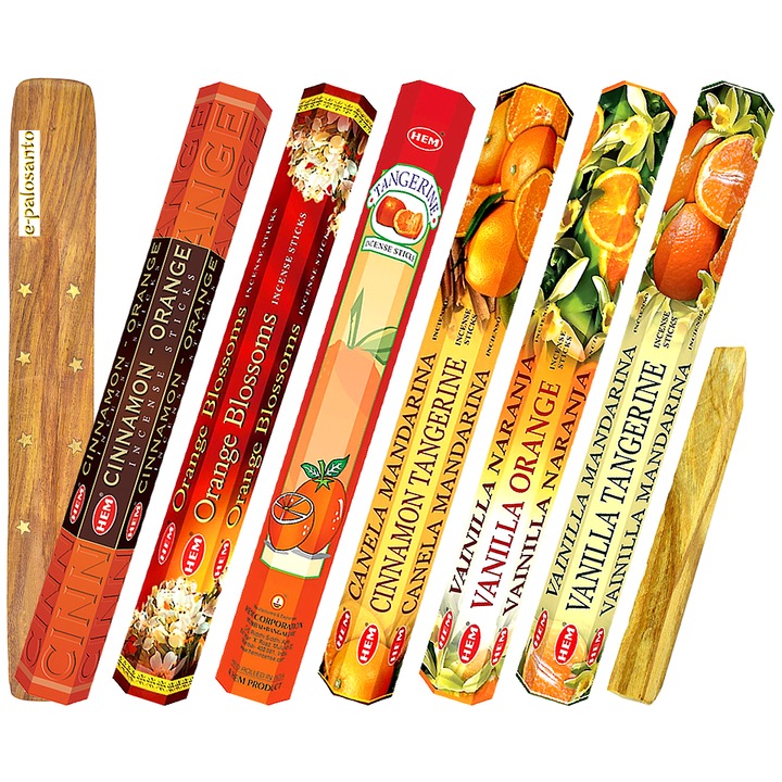 Set betisoare parfumate Orange 6 buc, suport si lemn Palo Santo, e-palosanto, aromaterapie