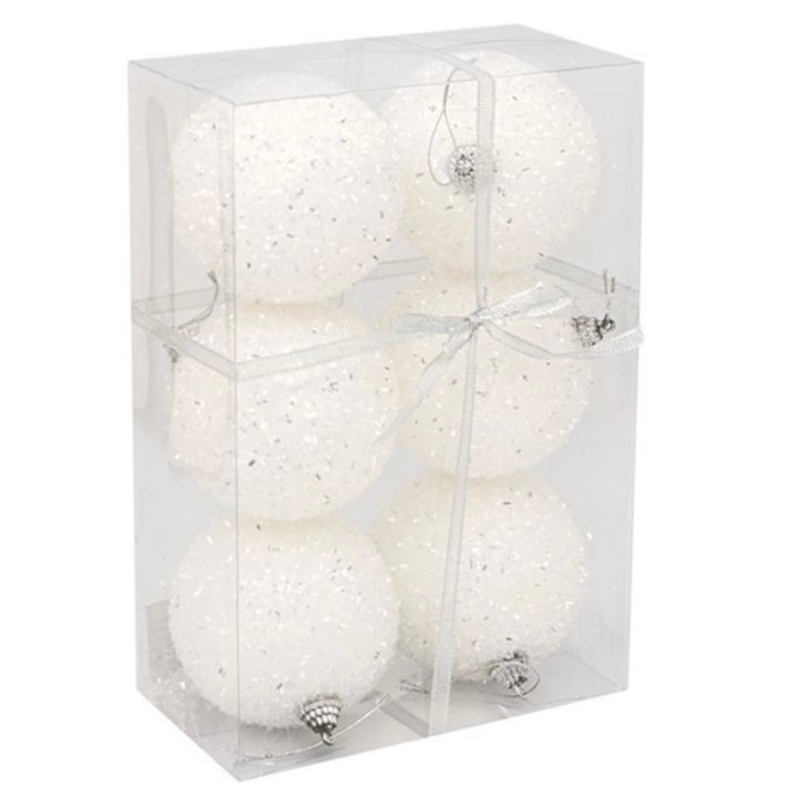 Set 6 globuri pentru bradul de Craciun, alb, tinsel, 8 cm