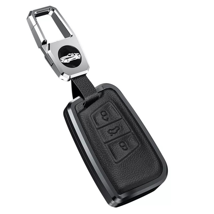 OEM Alumínium tok, fekete bőrrel kulcshoz, VW Volkswagen Passat B8 Skoda Superb Kodiaq A7