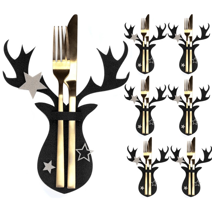 Karácsonyi evőeszköztartó huzat fekete rénszarvas 6 db