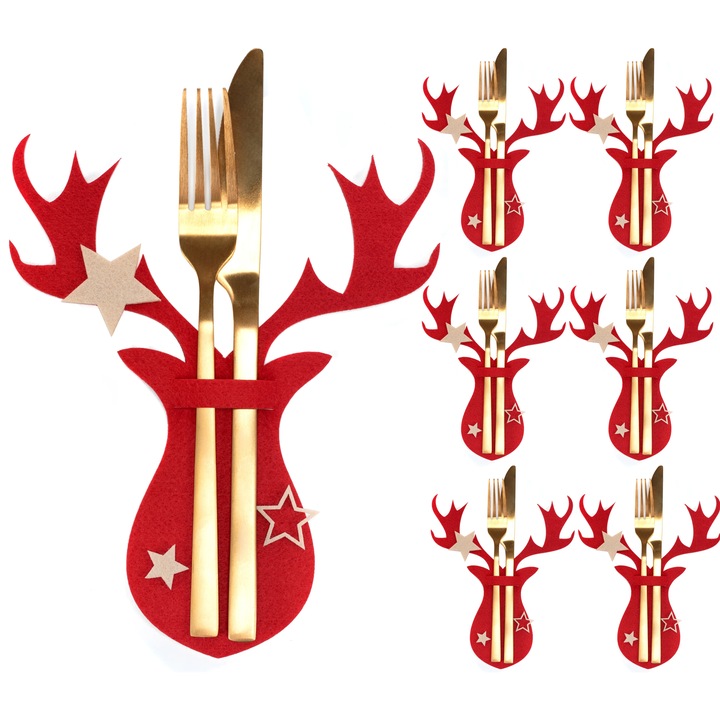 Karácsonyi evőeszköztartó huzat piros rénszarvas 6 db