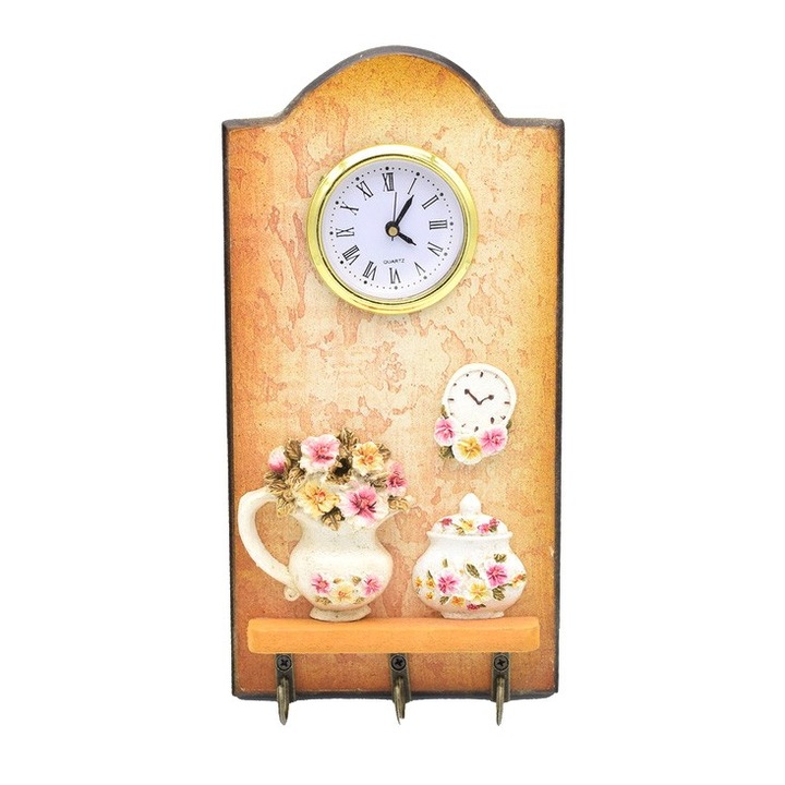 Cuier decorativ IS0370 pentru hol, 3 agatatori si ceas, 24x12.5 cm, Multicolor