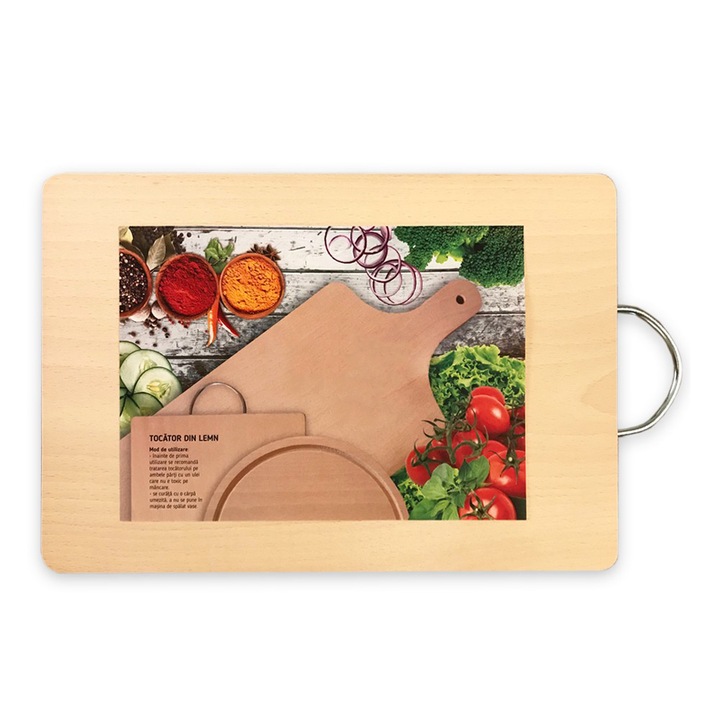 Tocator de bucatarie, Maner din metal, din lemn, 35 x 21 x 1.5 cm, Natur