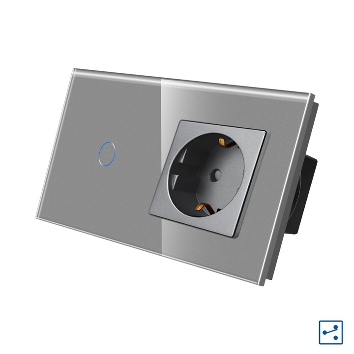 Luxion Alternatív Kereszt Érintőkapcsoló + Konnektor, Kristályüveg, Nedvességálló, Érintőgombos, A Szeria, Szürke