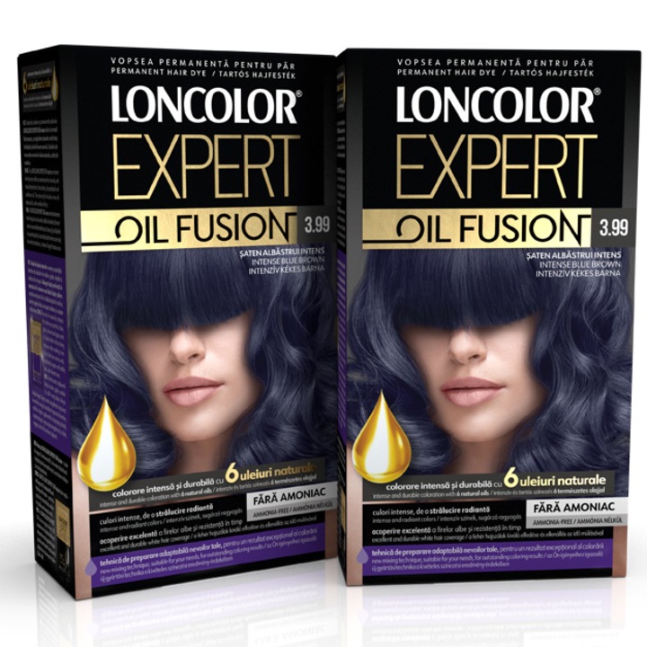 Pachet 2x: Vopsea de par permanenta Loncolor Expert Oil Fusion 3.99 Saten Albastrui Intens, 100 ml