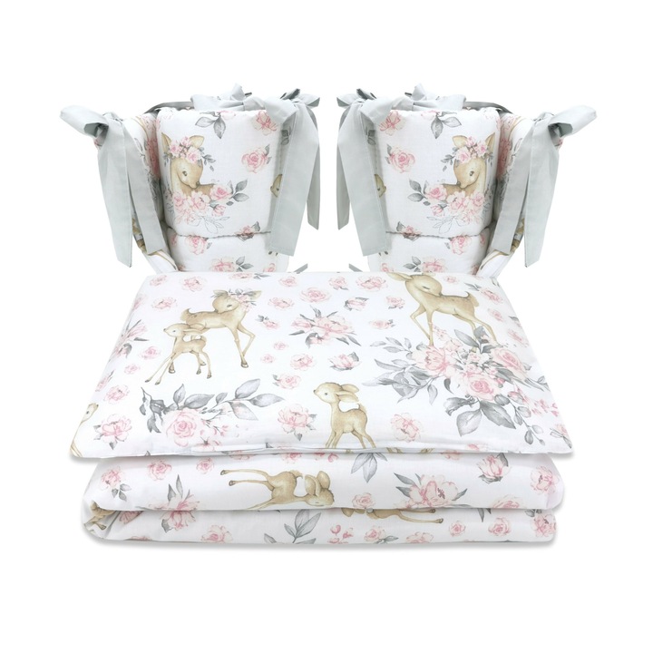 Спално бельо за кошара, MimiNu, с 4 части, С две странични защити, Памук, За кошара 120x60 см, Sweet Deer Pink