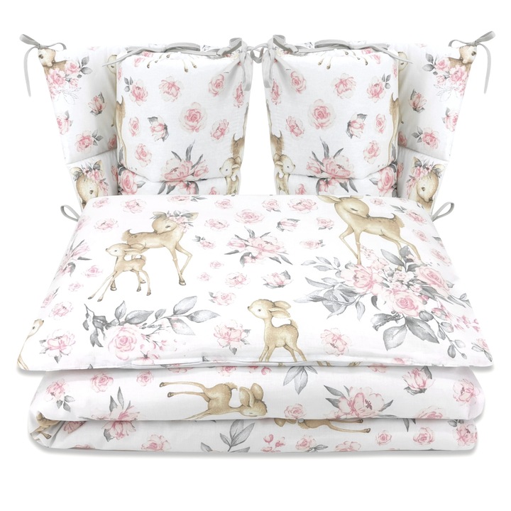 Lenjerie patut cu 4 piese, MimiNu, Pentru patut 120x60 cm, Cu doua protectii laterale, Din bumbac certificat Oeko Tex Standard 100, Sweet Deer Pink