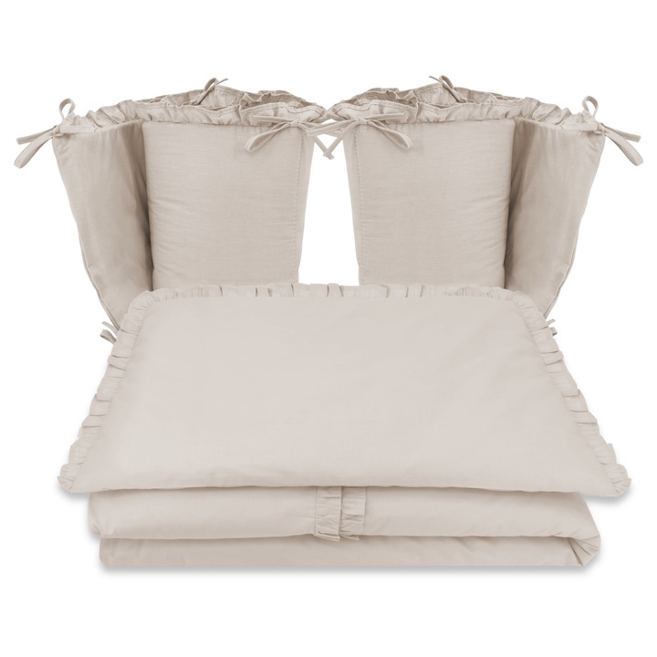 Lenjerie patut cu 4 piese, MimiNu, Pentru patut 120x60 cm, Cu doua protectii laterale, Cu volanase, Din bumbac certificat Oeko Tex Standard 100, Colectia Royal, Beige