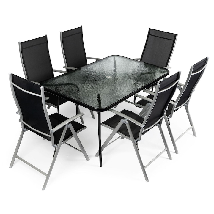 Комплект градински мебели ModernHome, Голяма стъклена маса, 6 метални стола, Черен/Сребрист