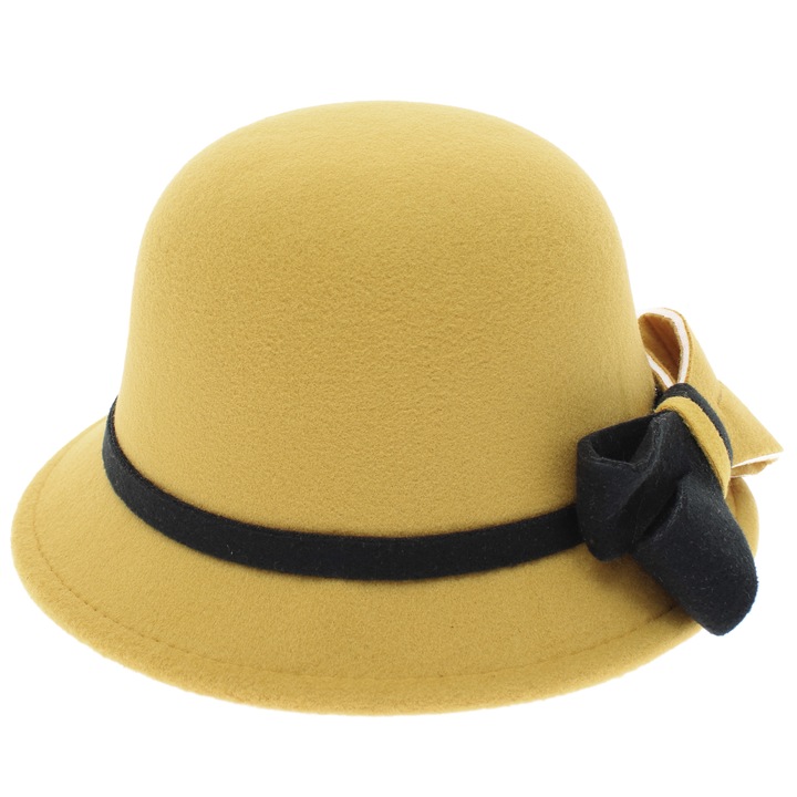 Palarie dama, marime 57 reglabila, ButicCochet, 20% lana 80 acryl, model cu fundita, Galben - PAL955