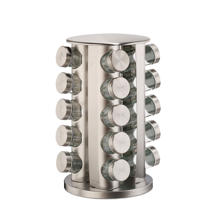 Set 20 recipiente condimente cu suport rotativ, inox, rotund, 33.5 x 19.5 cm, Relaxdays