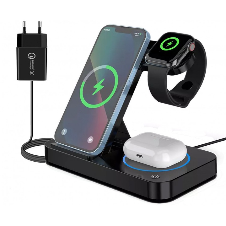 LQT 3 az 1-ben Qi vezeték nélküli töltő Apple Watch / Airpod / iPhone, Samsung, Huawei, Xiaomi készülékhez, Fast Charger 15W, Mellékelt Adapter 3.0 Quick Charge LQT, fekete
