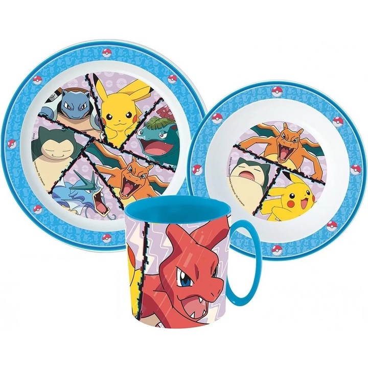 Set 2x farfurii cu cana Pokemon, Stor, Plastic, 350 ml, Multicolor
