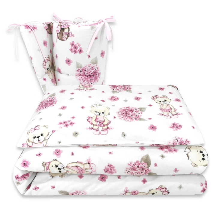 Lenjerie patut cu 3 piese, MimiNu, Pentru patut 120x60 cm, Cu protectie laterala, Din bumbac certificat Oeko Tex Standard 100, Design, Pink Ballerina