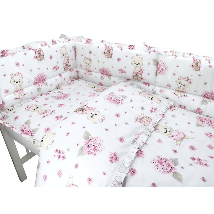 Комплект спално бельо MimiNu Pink Ballerina, С волани, Памук, Със завивка и възглавница, Два странични протектора, За кошара 120x60 см, 6 части