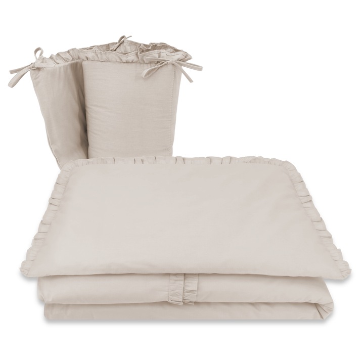 Lenjerie patut, MimiNu, 3 piese, Cu volanase, Cu protectie laterala, Din bumbac, Pentru patut 120x60 cm, Colectia Royal, Beige