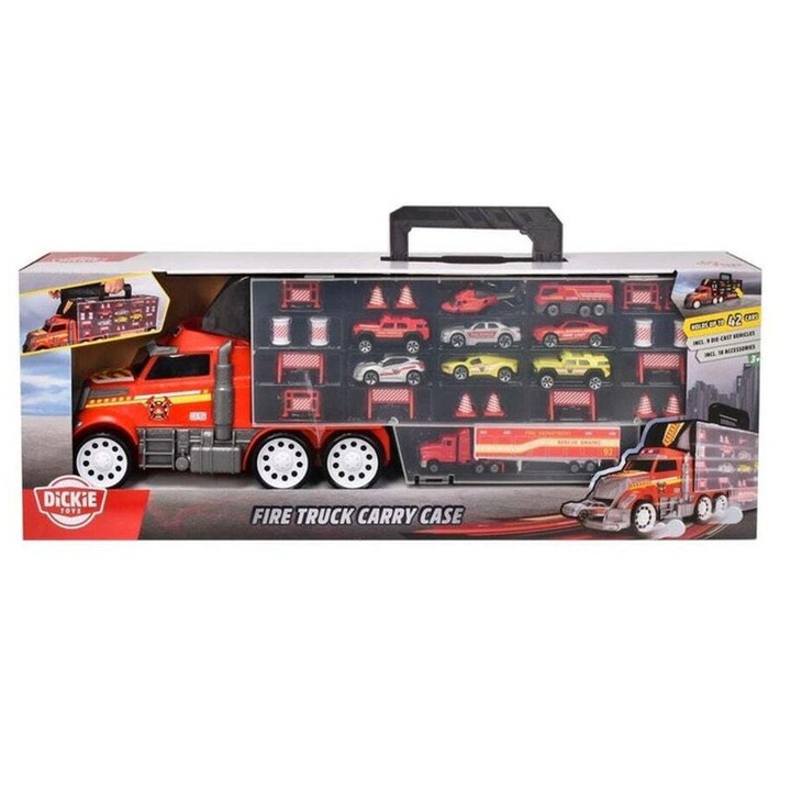 Camion de pompieri, Dickie Toys, 9 masini + 18 accesorii, Rosu