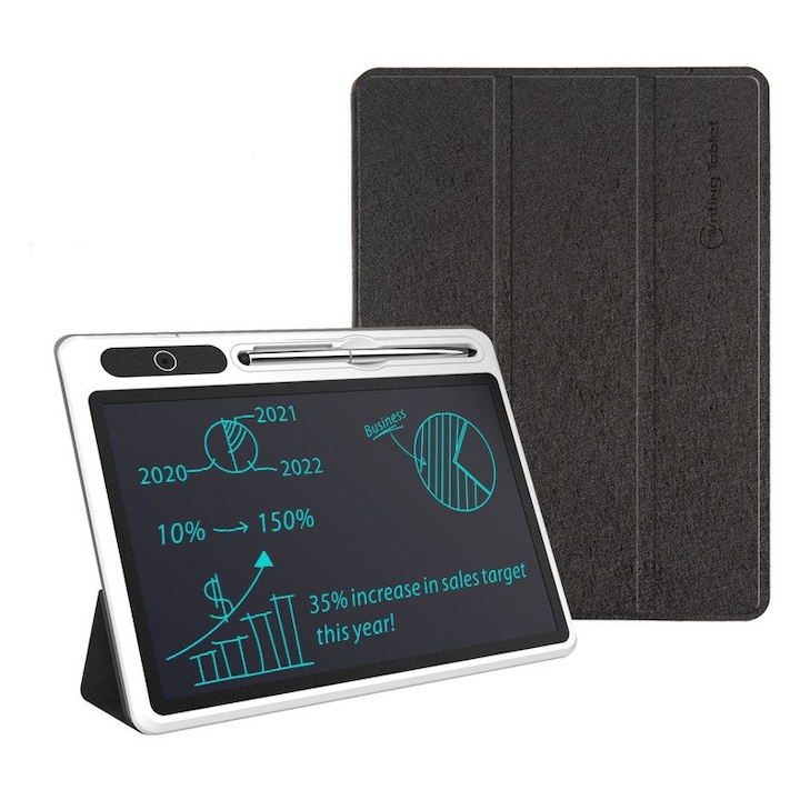 Tableta grafica pentru scris si desenat, Fresner®, display LCD de 10 inch, functie de blocare ecran si stergere, cu husa de protectie, Pentru copii, notite sau birou, Negru