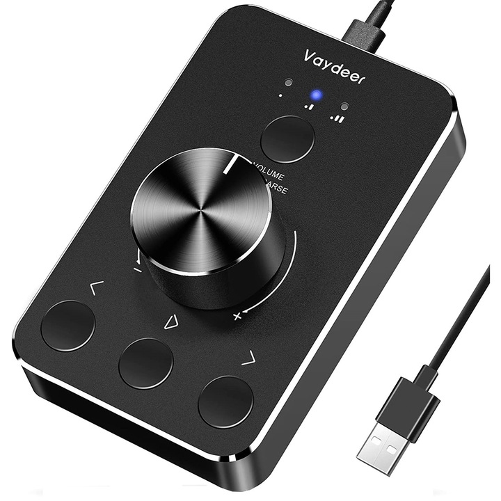 USB hangvezérlő kártya, kettős hangerő- és némítógombbal, alumíniumból, plug & play, kompatibilis Mac OS, Windows, Linux rendszerrel, fekete
