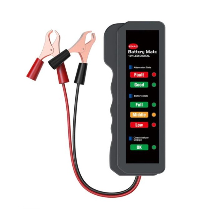 Тестер за алтернатор и акумулатор ASKSA, Напрежение 12V, 120 x 42 x 18 mm, Черен