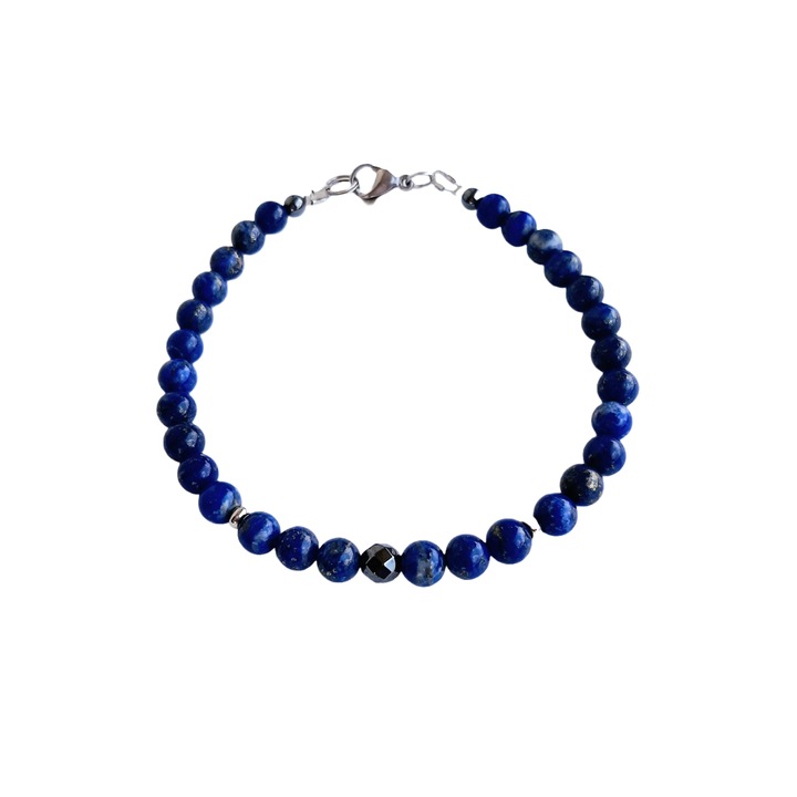 OEM Férfi karkötő, az intuícióért, kézzel készített természetes lapis lazuliból és hematitból, 22 cm