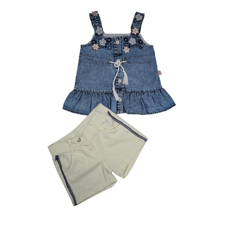 Compleu Fetite "Fashion" 2 PieseBluza Denim Si Pantaloni Scurti De Blugi 100% Bumbac, Albastru inchis