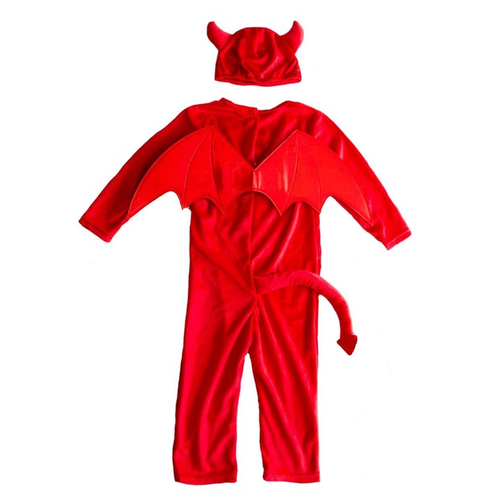 Costum de diavol Imaginarium Party Devil, cu coada, aripi detasabile si caciulita cu coane, 92 - 98 cm, 2 - 3 ani, unisex, rosu