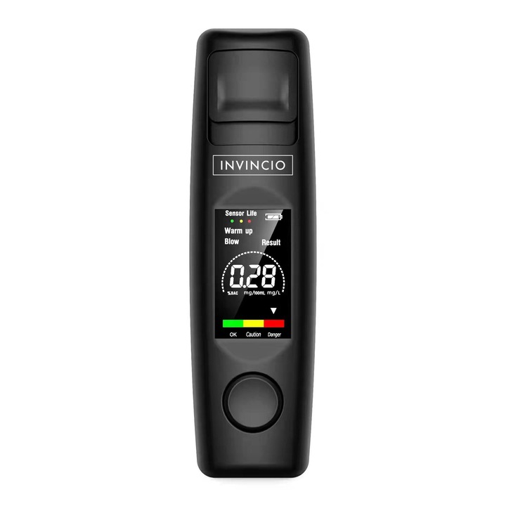Invinco alkoholteszter, Professzionális érintés nélküli digitális alkoholszonda, Nincs utántöltés, 5 mérés memória funkció, Pontosság +/- 0,01% BAC, LCD színes kijelző, Kockázatjelző, fekete színű